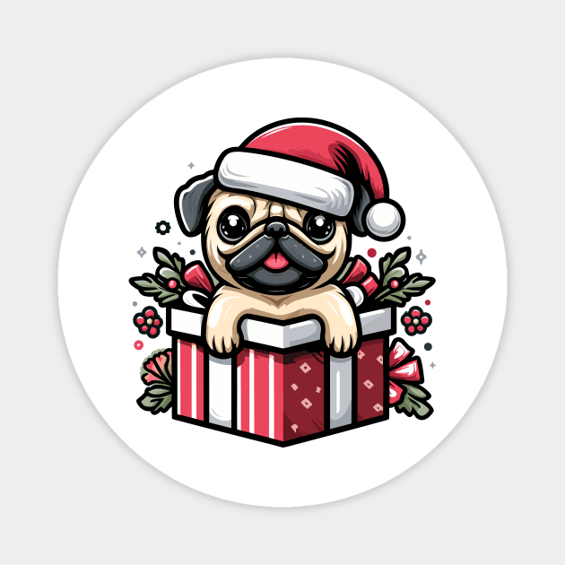 Pug In Present Dog Christmas Festive Santa Hat Magnet by Frank Ring